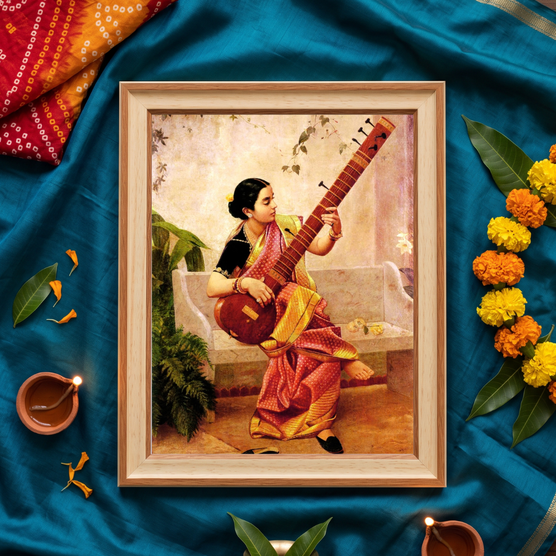 Swar Sadhana | Raja Ravi Varma Classical Musician Framed Art Curate Pinewood Mix / Small Premium Wall Art Canvas by MeriDeewar