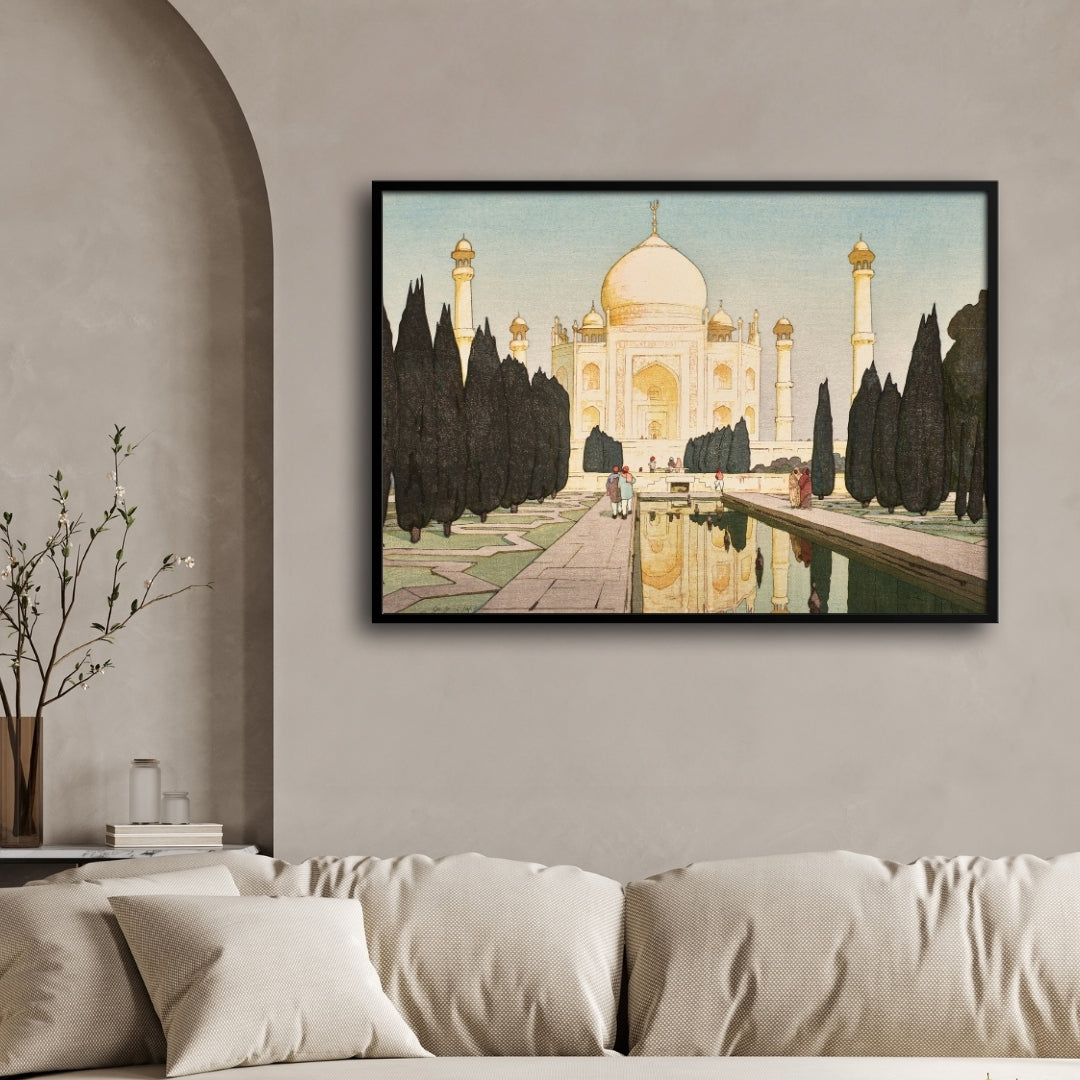 Taj Mahal at Sunrise – Yoshida Hiroshi Japanese Woodblock Print 2 : 3 Horizontal Premium Wall Art Canvas by MeriDeewar