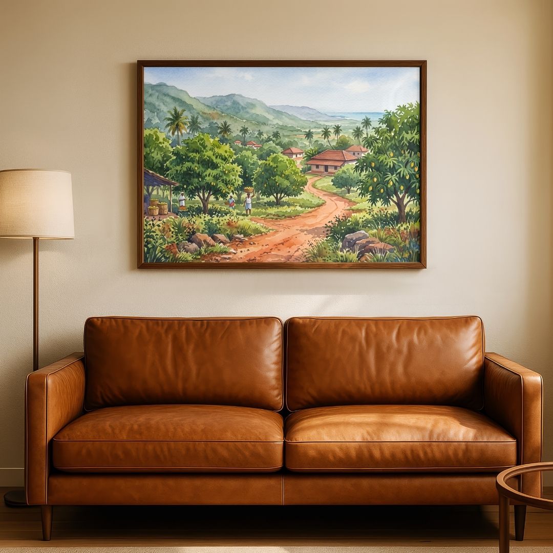 The Alphonso Grove | Coastal Orchard & Village Watercolor Landscape Framed Art Curate Premium Wall Art Canvas by MeriDeewar