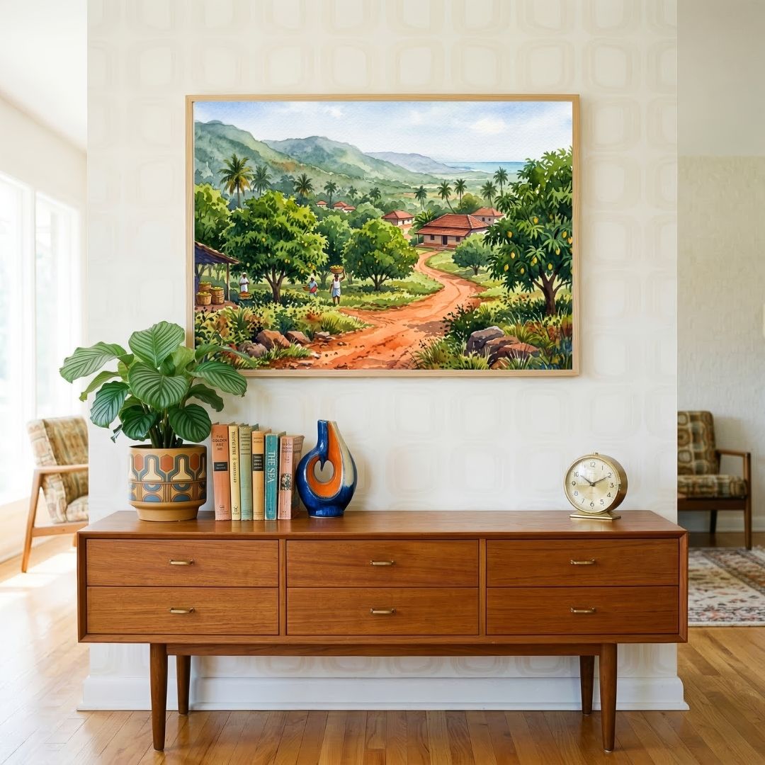 The Alphonso Grove | Coastal Orchard & Village Watercolor Landscape Framed Art Curate Premium Wall Art Canvas by MeriDeewar