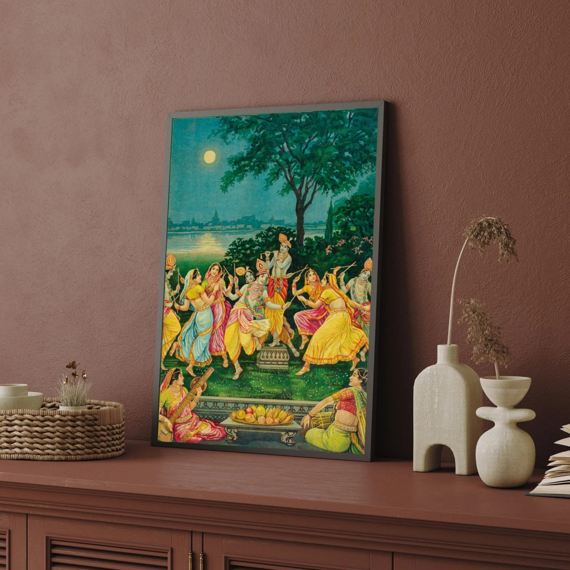 The Divine Raas Leela - Krishna and Gopis Moonlit Dance Painting 2 : 3 Vertical Premium Wall Art Canvas by MeriDeewar