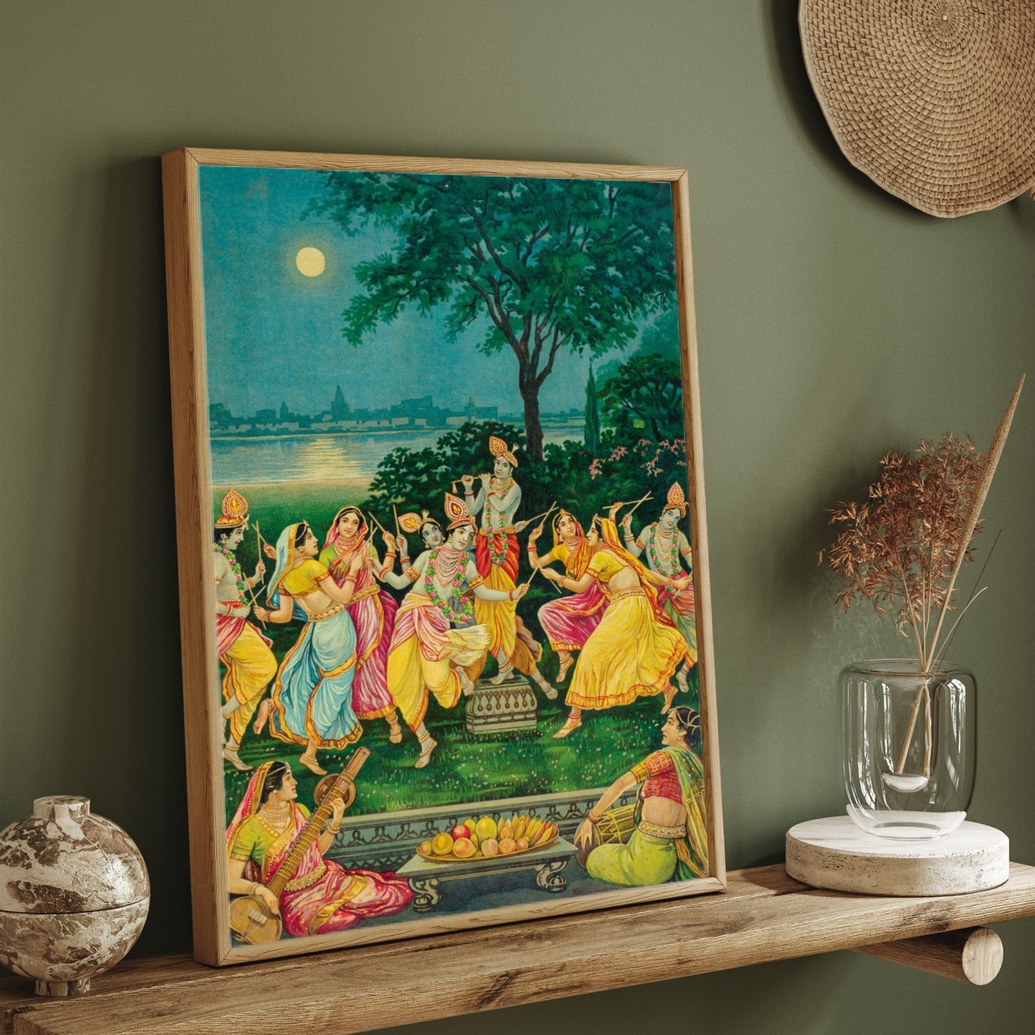 The Divine Raas Leela - Krishna and Gopis Moonlit Dance Painting 2 : 3 Vertical Premium Wall Art Canvas by MeriDeewar
