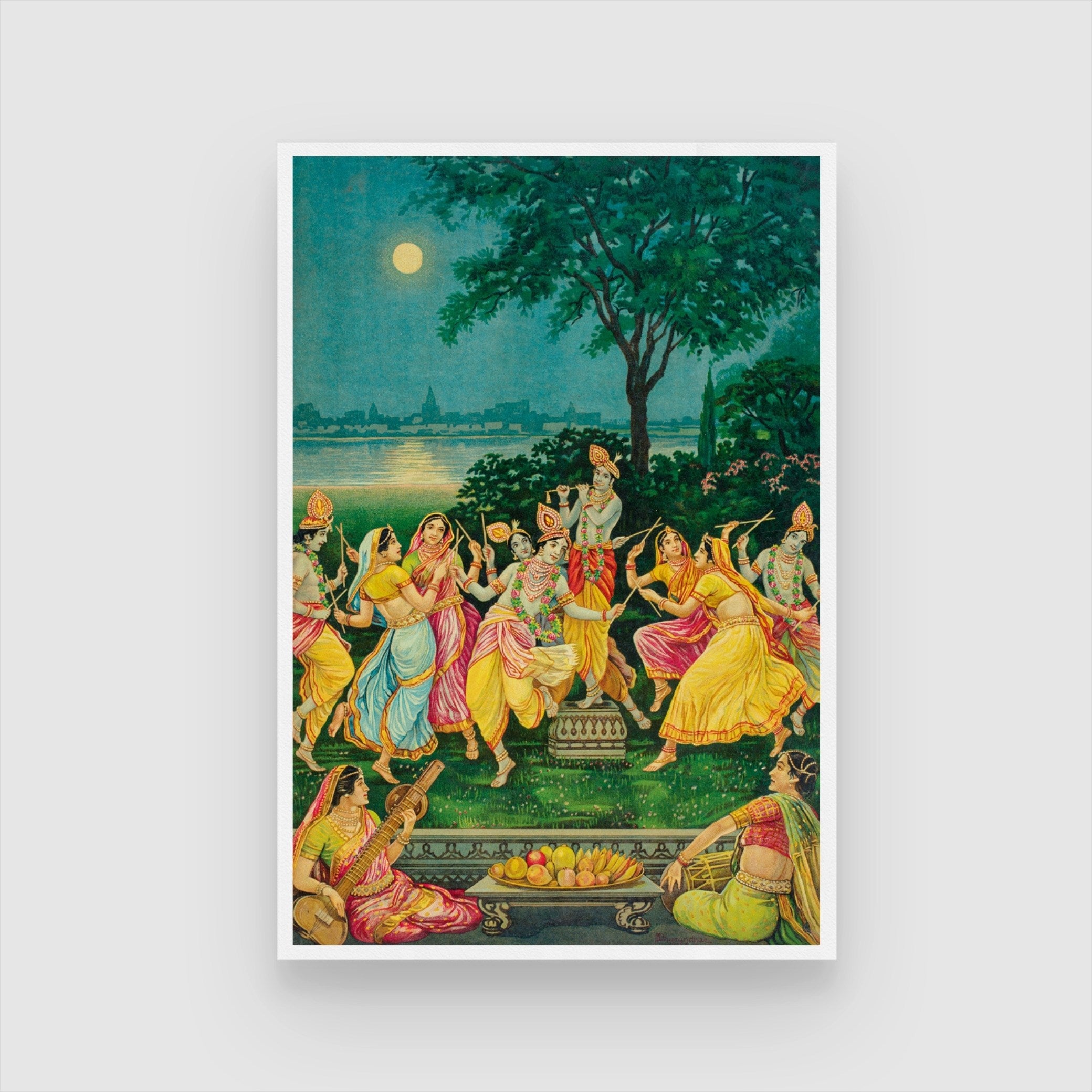 The Divine Raas Leela - Krishna and Gopis Moonlit Dance Painting 2 : 3 Vertical Premium Wall Art Canvas by MeriDeewar
