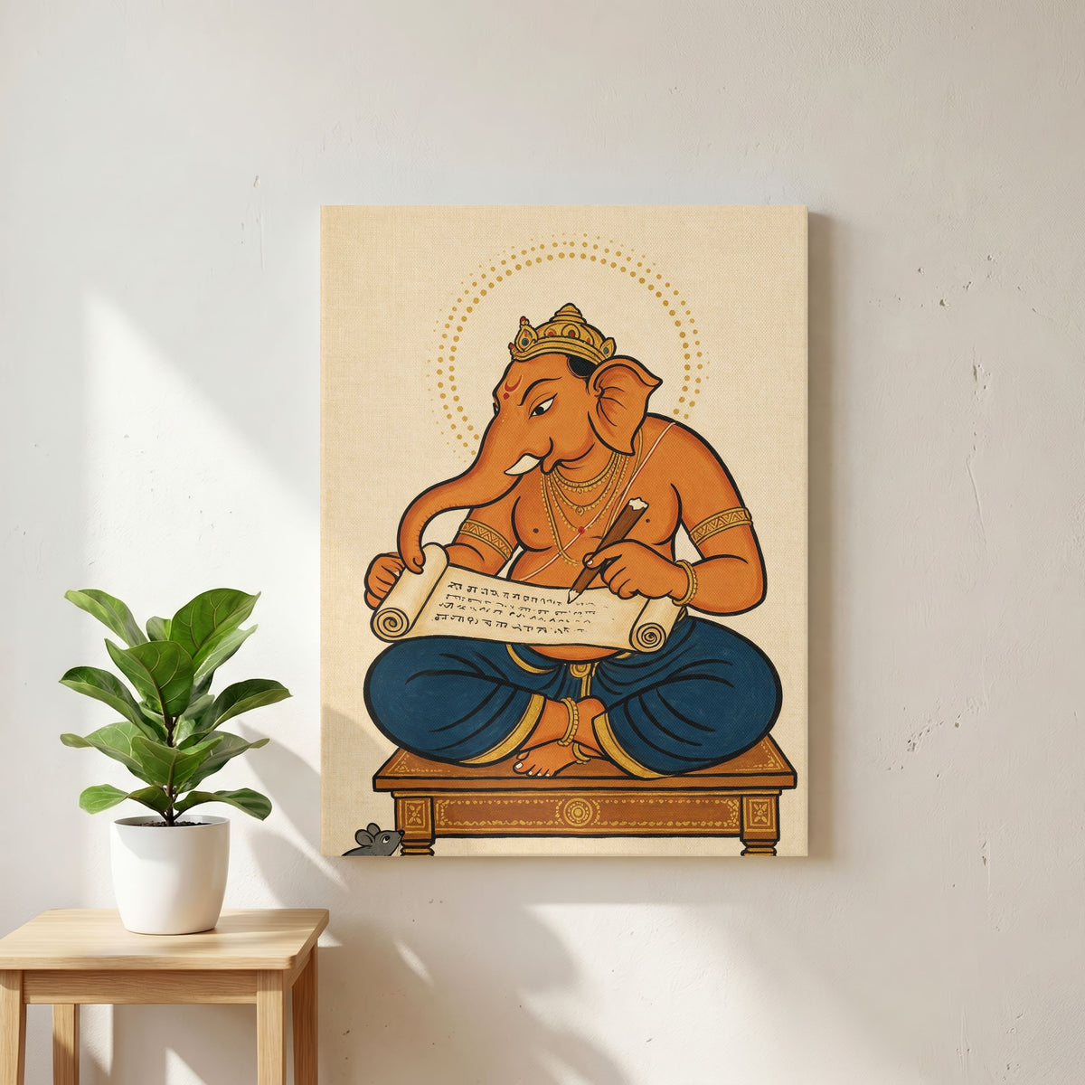 The Divine Scribe | Traditional Indian Folk Art Ganesha Writing Mahabharata Wall Art 3 : 4 Vertical Premium Wall Art Canvas by MeriDeewar