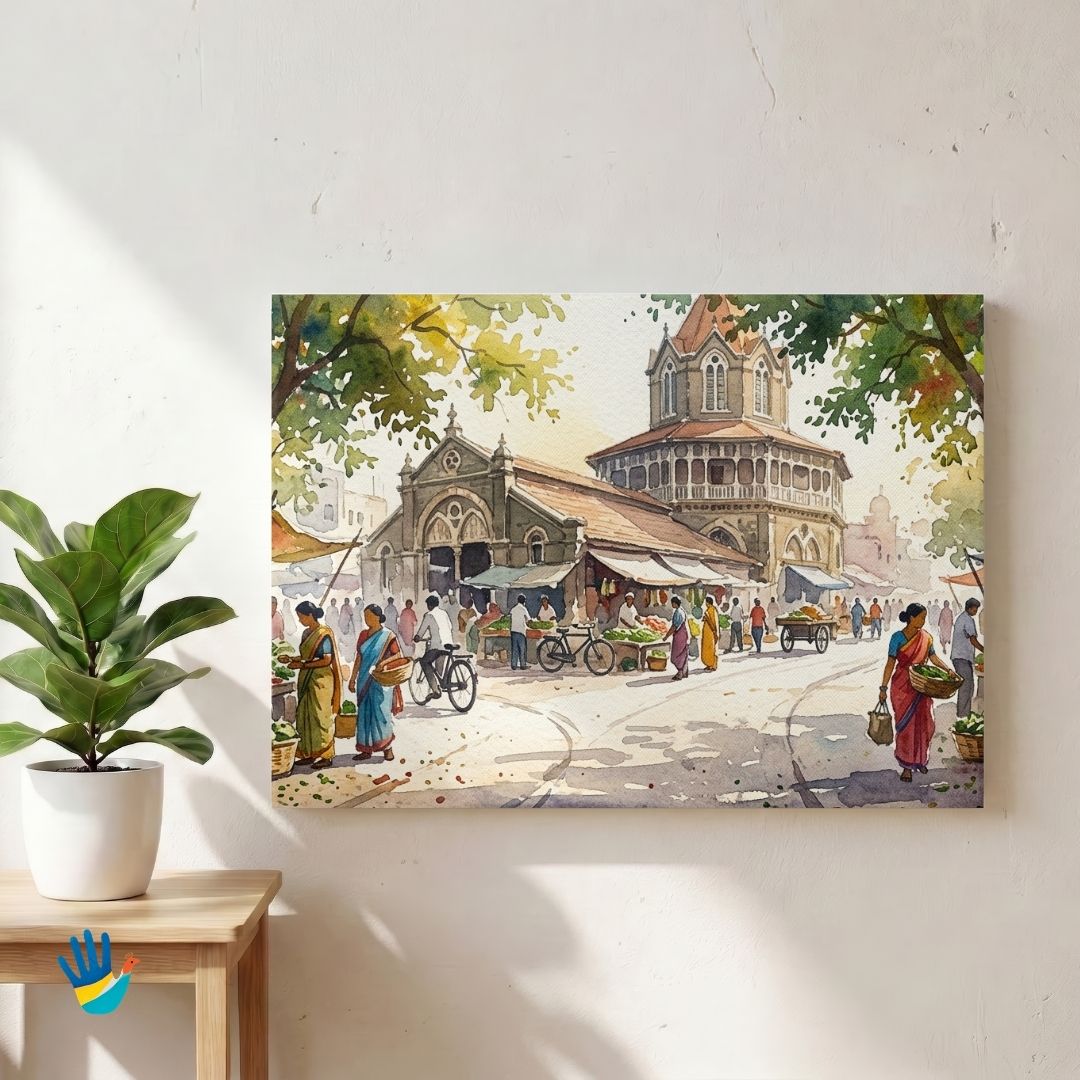 The Grand Mandai of Pune | Historic Market Architecture Watercolor Framed Art 4 : 3 Horizontal Premium Wall Art Canvas by MeriDeewar