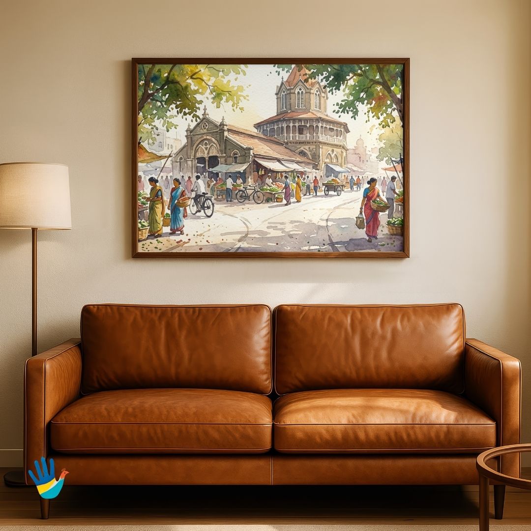The Grand Mandai of Pune | Historic Market Architecture Watercolor Framed Art 4 : 3 Horizontal Premium Wall Art Canvas by MeriDeewar