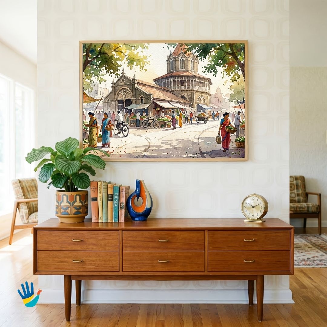 The Grand Mandai of Pune | Historic Market Architecture Watercolor Framed Art 4 : 3 Horizontal Premium Wall Art Canvas by MeriDeewar