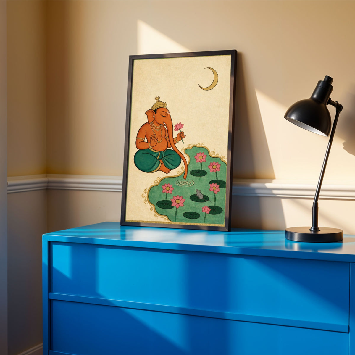 The Lotus Pond Ganesha | Traditional Indian Miniature Style Sacred Wall Art 3 : 4 Vertical Premium Wall Art Canvas by MeriDeewar