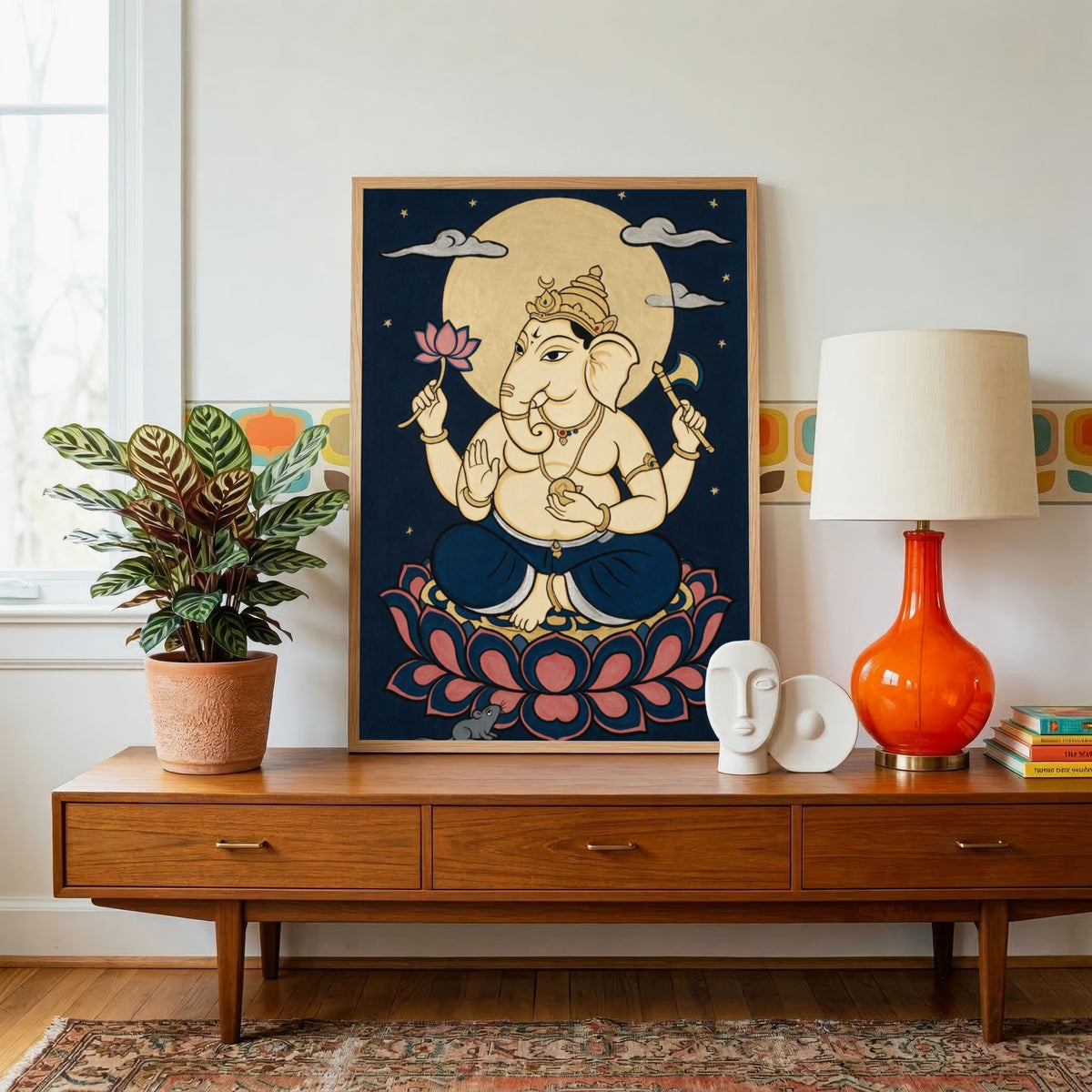 The Moonlit Lotus Ganesha | Traditional Indian Folk Wall Art 3 : 4 Vertical Premium Wall Art Canvas by MeriDeewar