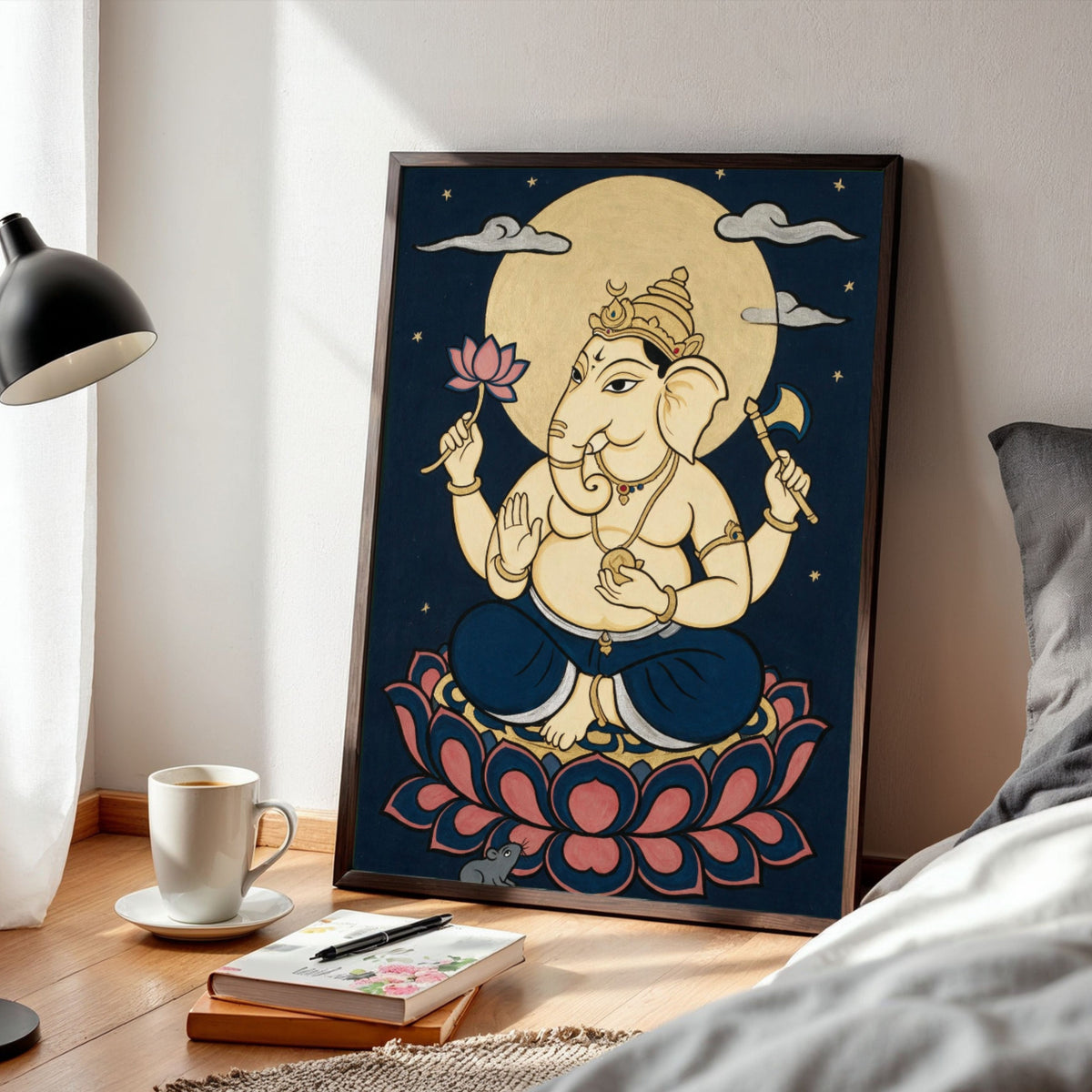 The Moonlit Lotus Ganesha | Traditional Indian Folk Wall Art 3 : 4 Vertical Premium Wall Art Canvas by MeriDeewar