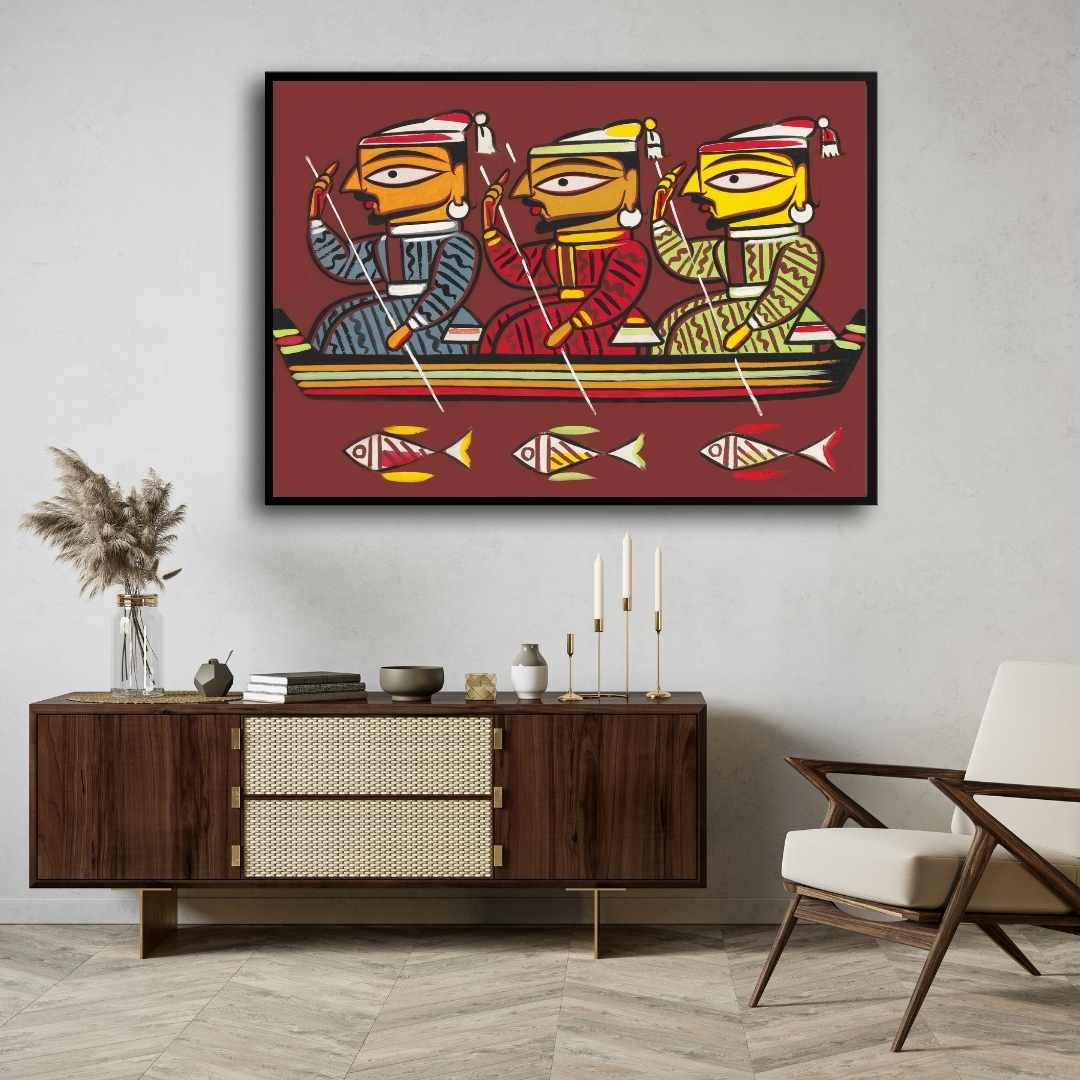 "Three Boatmen" Jamini Roy Painting | Fine Art Wall Art 3 : 2 Horizontal Premium Wall Art Canvas by MeriDeewar