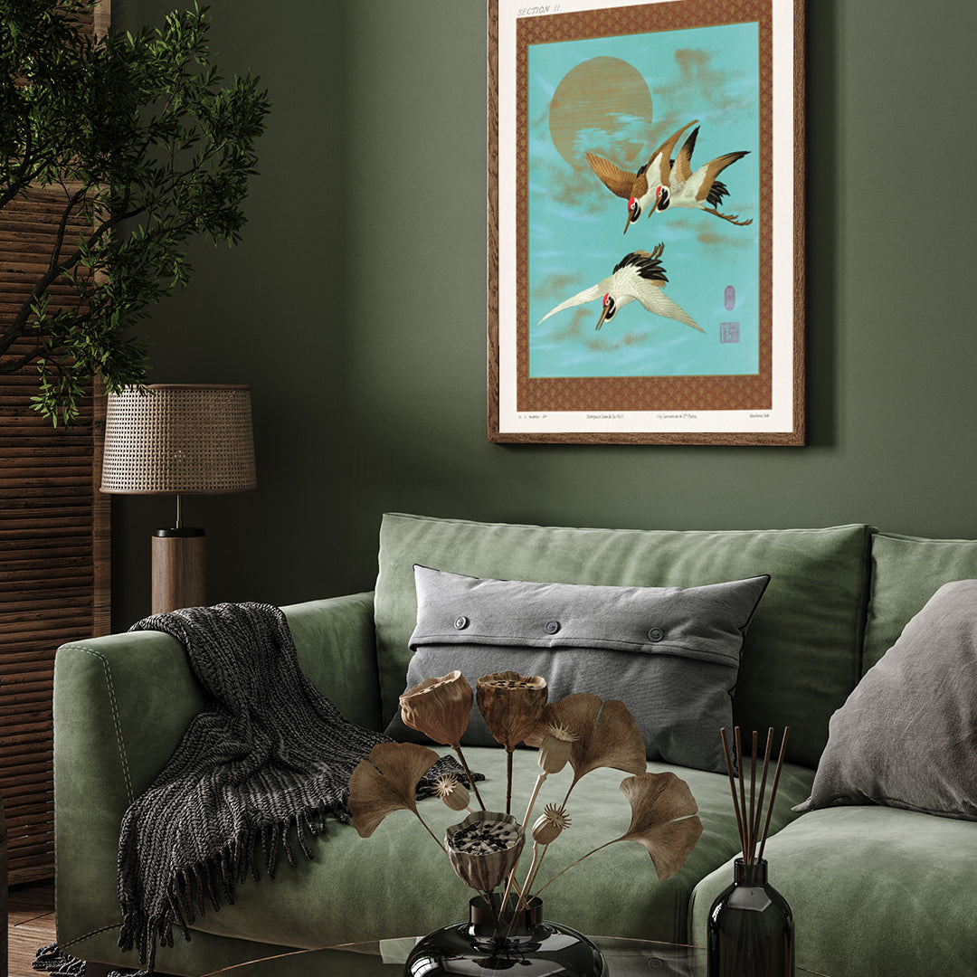 Three Sarus Crane Flying in front of the Moon by George Ashdown Audsley 3 : 4 Vertical New Premium Wall Art Canvas by MeriDeewar