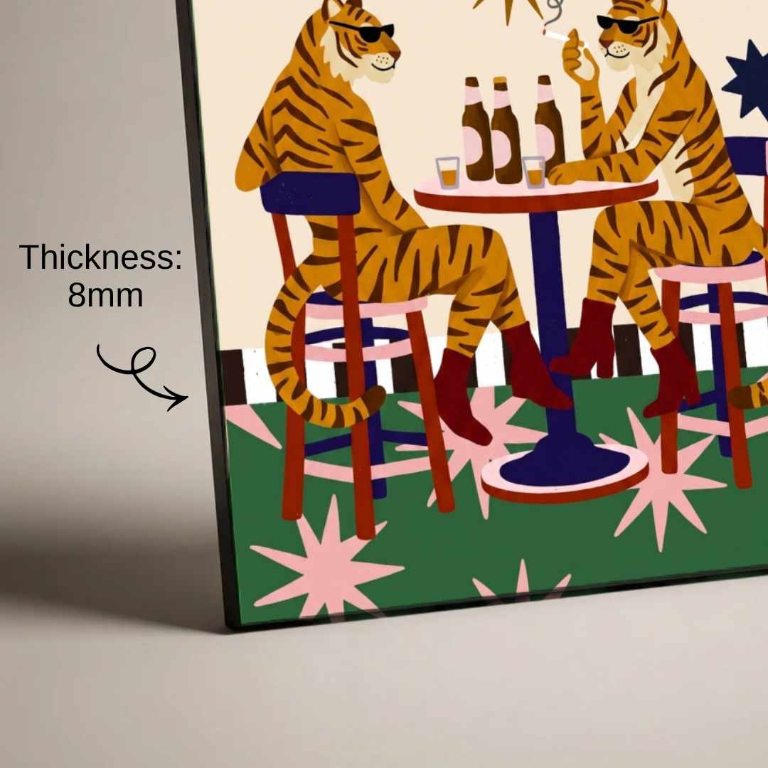 "Tigers at the Bar" Quirky Illustration Art Poster | Vertical Borderless Art Frame Poster Premium Wall Art Canvas by MeriDeewar