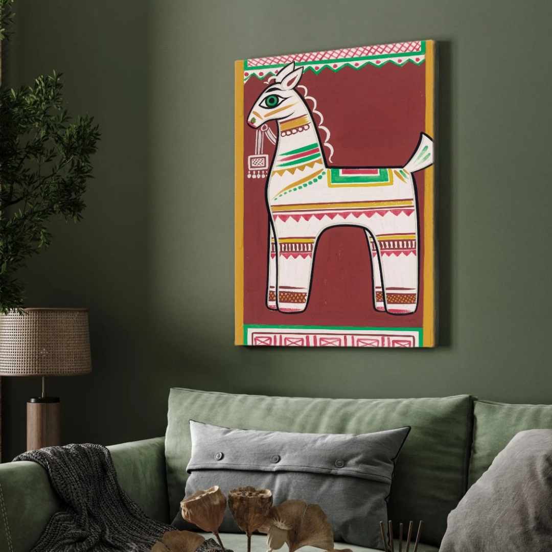 "Traditional Horse" Jamini Roy Painting | Fine Art Wall Art 2 : 3 Vertical Premium Wall Art Canvas by MeriDeewar