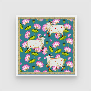 Traditional Pichwai Cow Art – Authentic Indian Classic Painting 1 : 1 Square Premium Wall Art Canvas by MeriDeewar