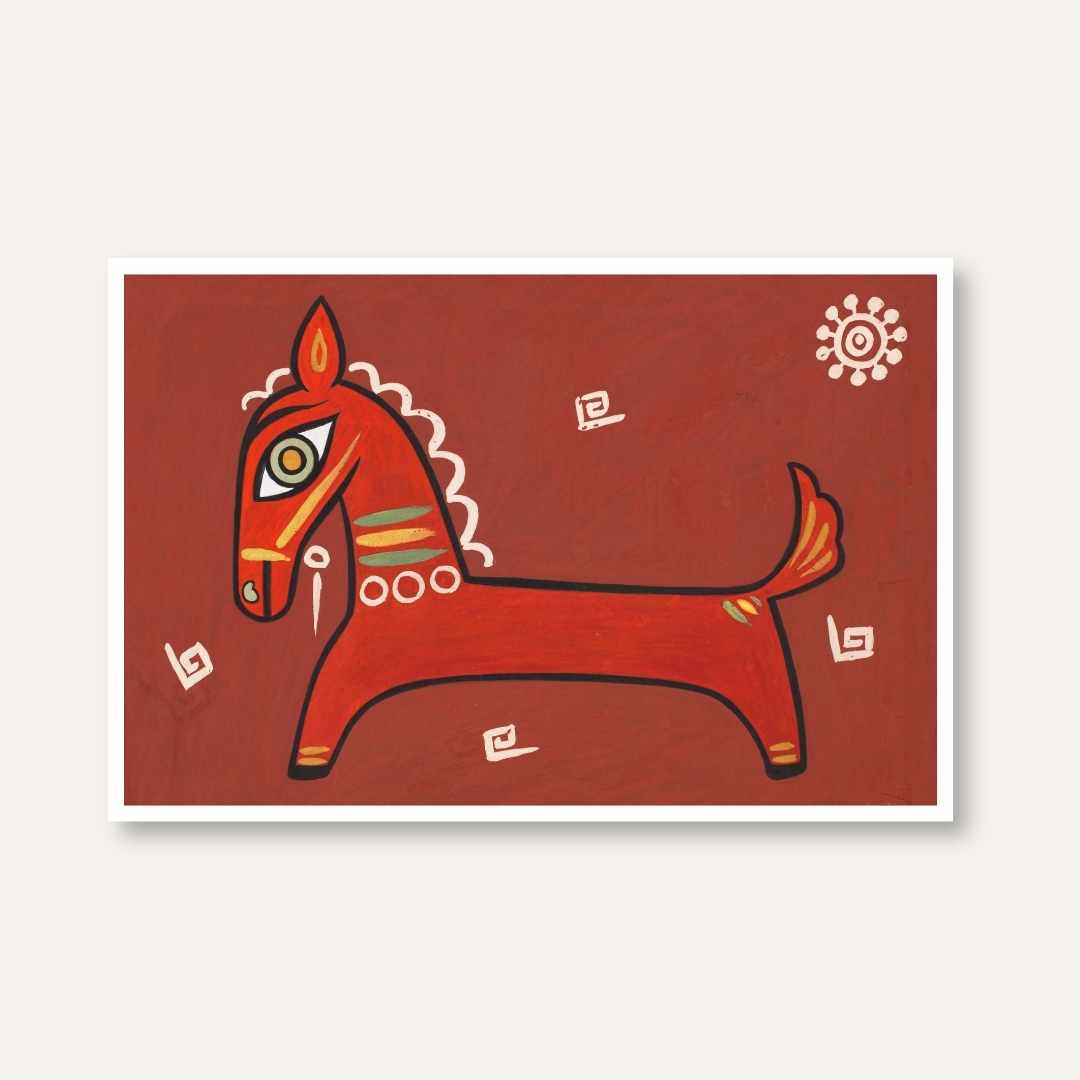 "Traditional Red Horse on Terracotta" Jamini Roy Painting | Fine Art Wall Art 3 : 2 Horizontal Premium Wall Art Canvas by MeriDeewar