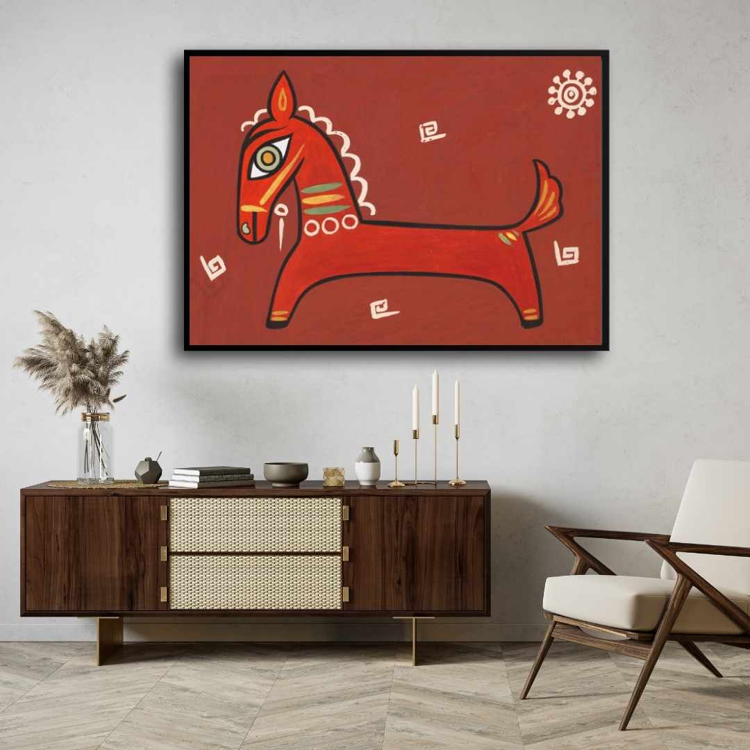 "Traditional Red Horse on Terracotta" Jamini Roy Painting | Fine Art Wall Art 3 : 2 Horizontal Premium Wall Art Canvas by MeriDeewar