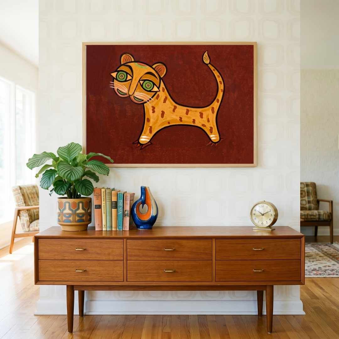 "Traditional Tiger" Jamini Roy Painting | Fine Art Wall Art 3 : 2 Horizontal Premium Wall Art Canvas by MeriDeewar