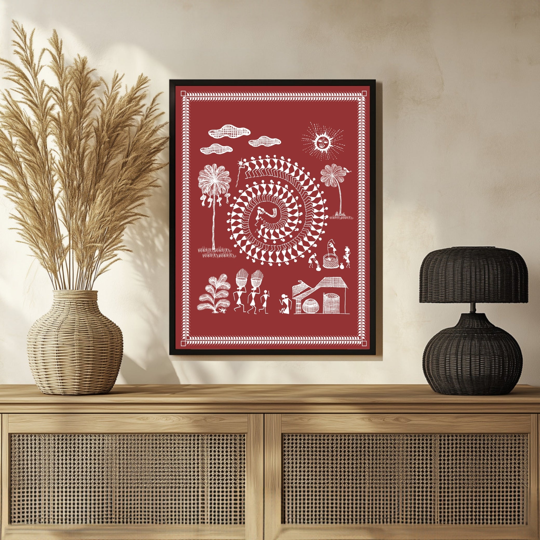 Traditional Warli Folk Art: Indian Village Life Painting 3 : 4 Vertical New Premium Wall Art Canvas by MeriDeewar