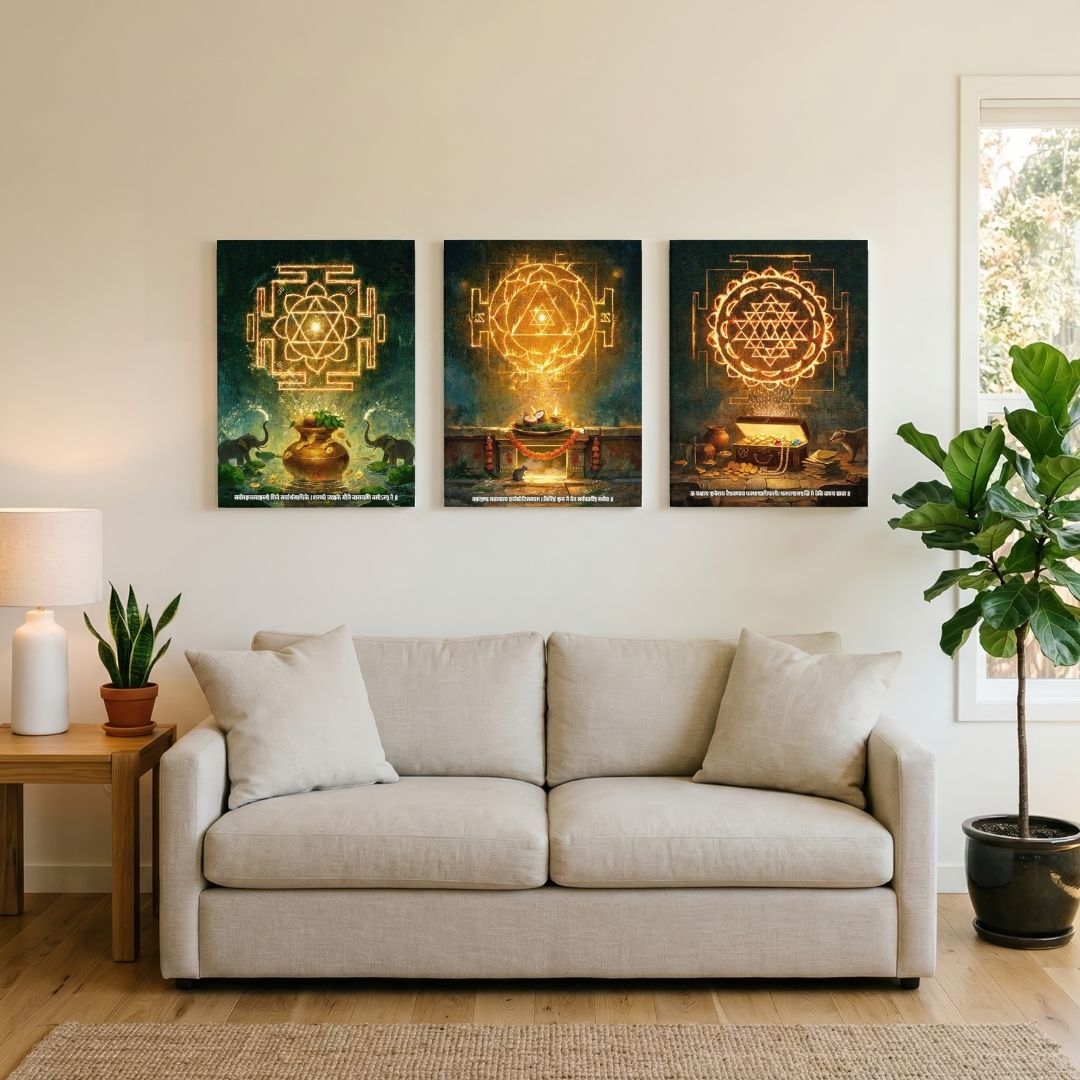 Trishakti | Set of 3 Vertical Canvas Sacred Durga, Ganesha & Kubera Yantra Curate Premium Wall Art Canvas by MeriDeewar