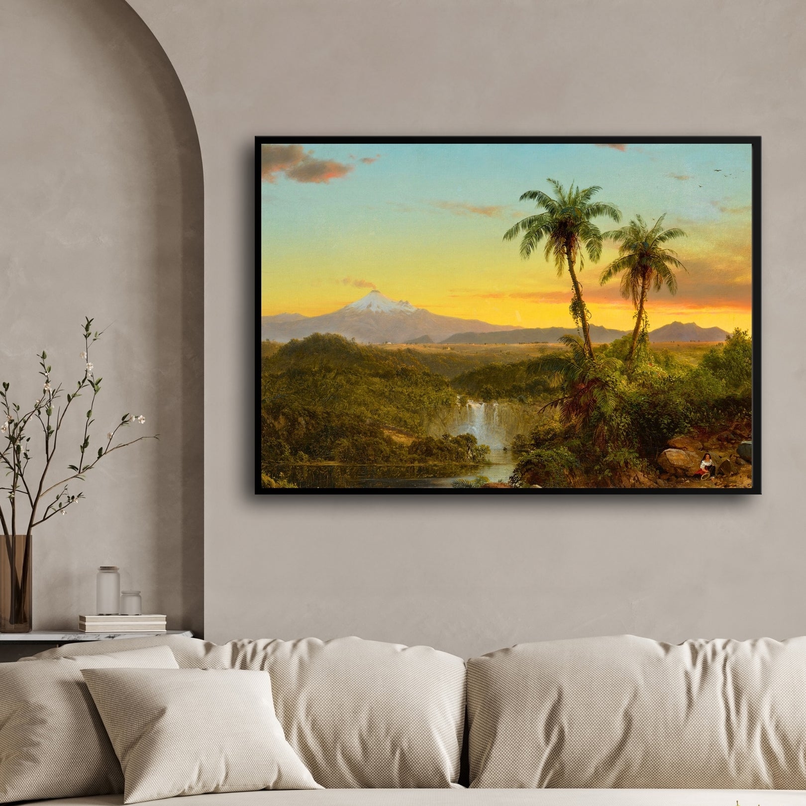Tropical Dawn – Palm Trees, Volcano & Waterfall Landscape Wall Art 2 : 3 Horizontal Premium Wall Art Canvas by MeriDeewar