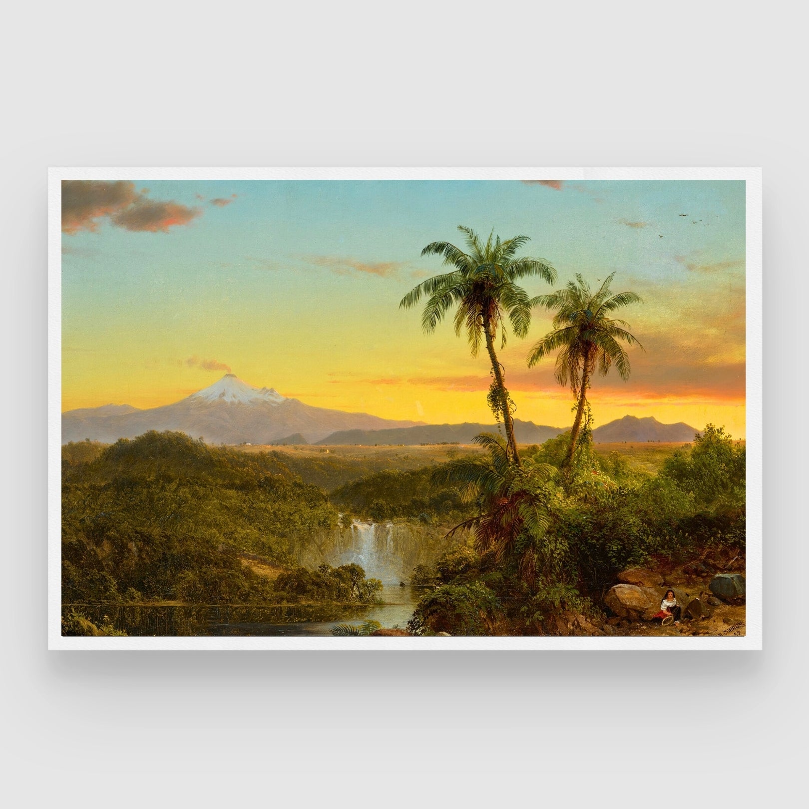 Tropical Dawn – Palm Trees, Volcano & Waterfall Landscape Wall Art 2 : 3 Horizontal Premium Wall Art Canvas by MeriDeewar