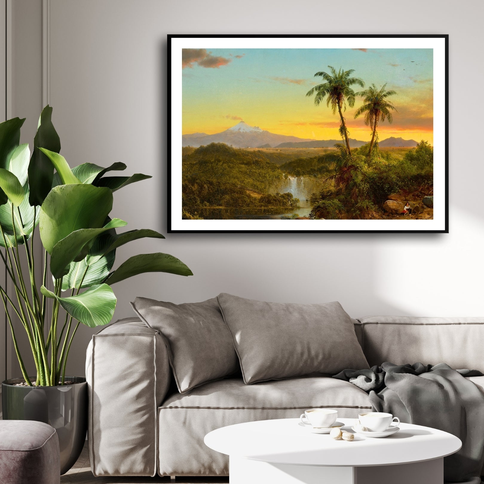 Tropical Dawn – Palm Trees, Volcano & Waterfall Landscape Wall Art 2 : 3 Horizontal Premium Wall Art Canvas by MeriDeewar
