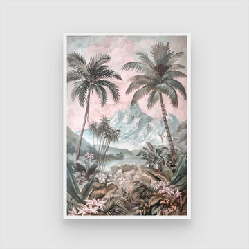 Tropical Paradise – Palm Trees & Mountain Landscape Wall Art 2 : 3 Vertical Premium Wall Art Canvas by MeriDeewar