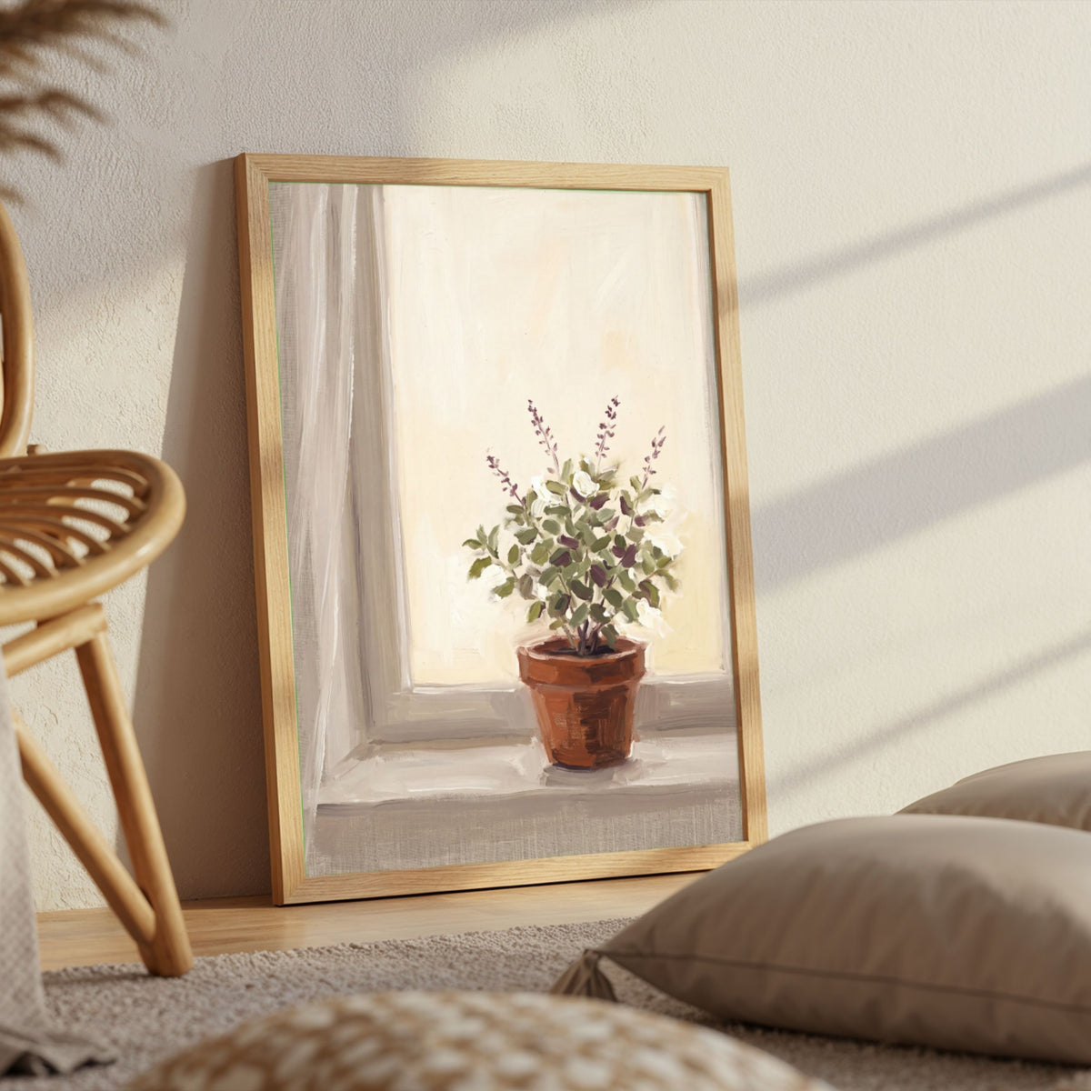 Tulsi on the Windowsill | Botanical Still Life Art 3 : 4 Vertical Premium Wall Art Canvas by MeriDeewar
