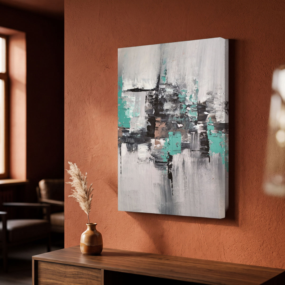 Turquoise Strata | Contemporary Teal & Neutral Textured Abstract Fine Wall Art 3 : 4 Vertical Premium Wall Art Canvas by MeriDeewar