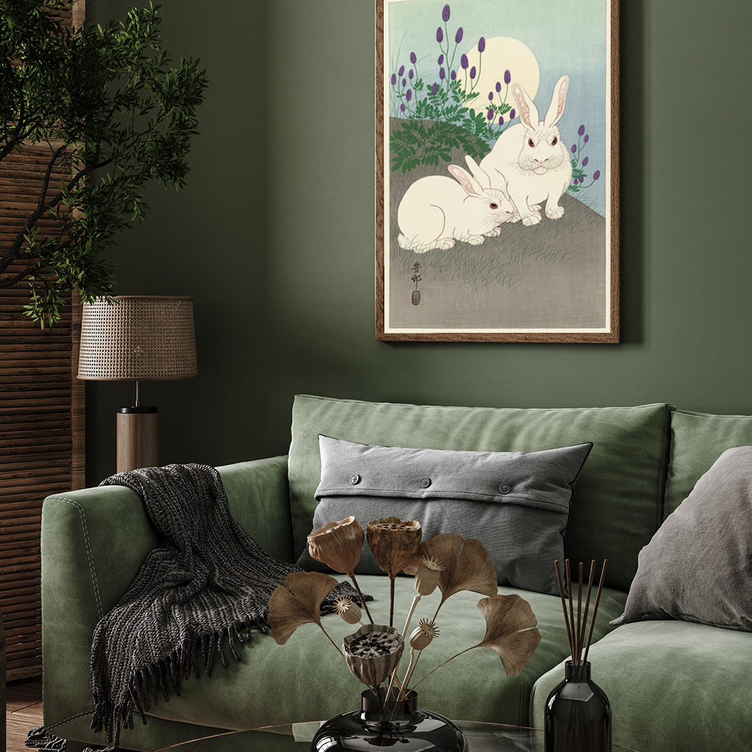 Two Rabbits by Ohara Koson 3 : 4 Vertical New Premium Wall Art Canvas by MeriDeewar