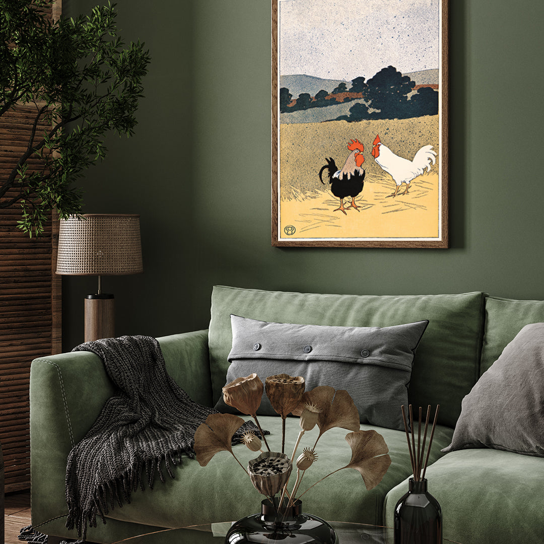 Two Roosters in A Field by Edward Penfield 3 : 4 Vertical New Premium Wall Art Canvas by MeriDeewar