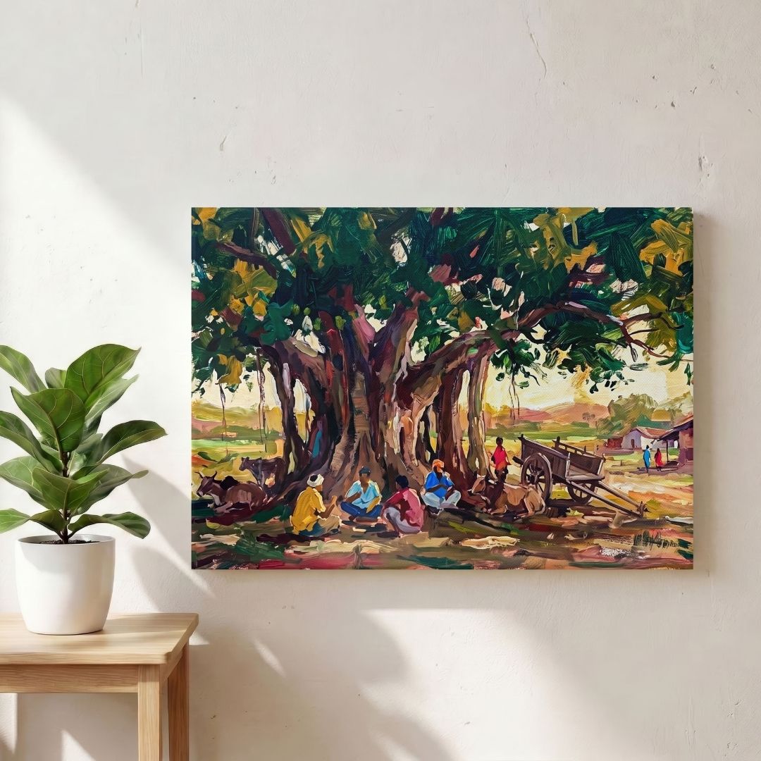 Under the Banyan Tree | Rural Indian Village Gathering Gallery Wrap Canvas Art Curate Gallery Wrap Premium Wall Art Canvas by MeriDeewar