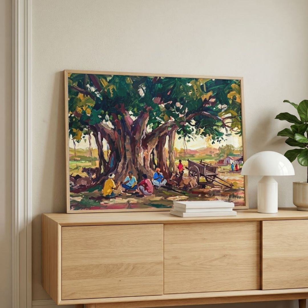 Under the Banyan Tree | Rural Indian Village Gathering Gallery Wrap Canvas Art Curate Pinewood Premium Wall Art Canvas by MeriDeewar