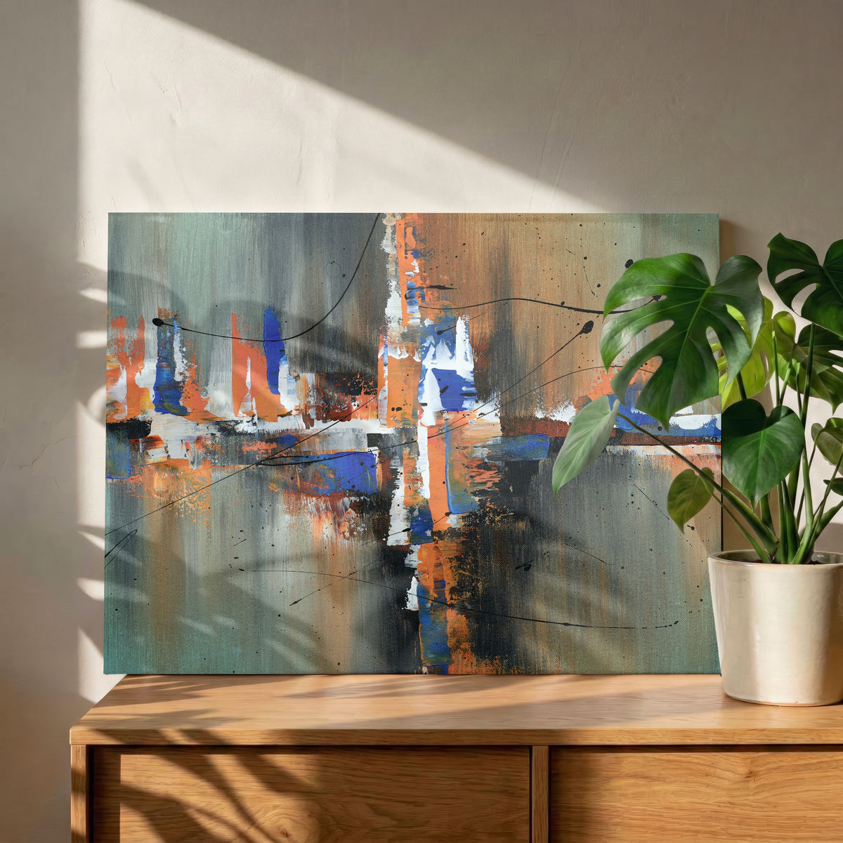 Urban Pulse in Rust & Cobalt | Contemporary Abstract Expressionist Framed Wall Art 4 : 3 Horizontal Premium Wall Art Canvas by MeriDeewar