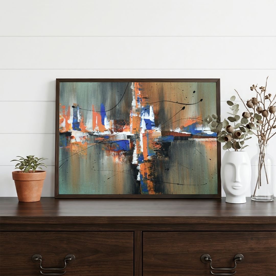Urban Pulse in Rust & Cobalt | Contemporary Abstract Expressionist Framed Wall Art 4 : 3 Horizontal Premium Wall Art Canvas by MeriDeewar