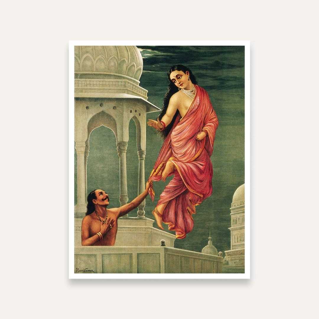 Urvashi Pururavas Painting by Raja Ravi Varma | Mythological Wall Art for Living Room India 3 : 4 Vertical Premium Wall Art Canvas by MeriDeewar