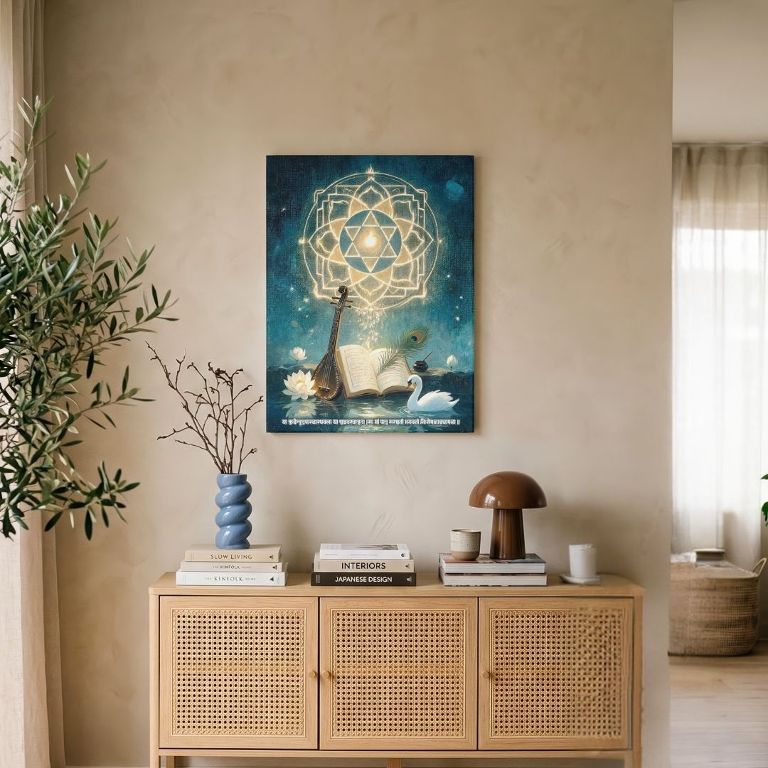 Vagdevi | Sacred Saraswati Yantra & Shloka Vertical Canvas WallArt Curate Premium Wall Art Canvas by MeriDeewar