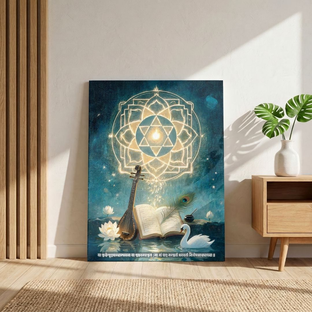 Vagdevi | Sacred Saraswati Yantra & Shloka Vertical Canvas WallArt Curate Premium Wall Art Canvas by MeriDeewar