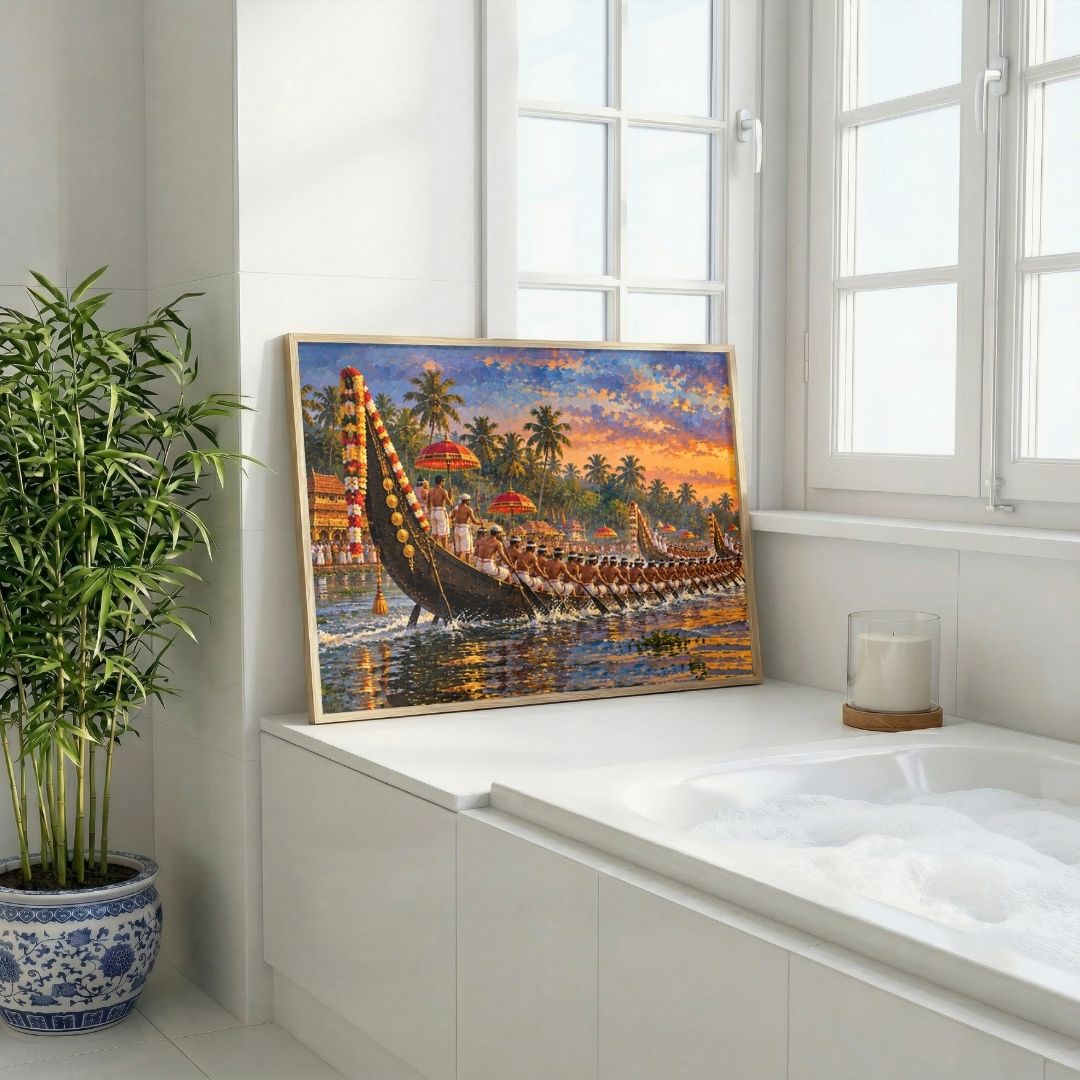 Vallam Kali | Kerala Snake Boat Race Sunset Gallery Wrap Canvas Curate Pinewood Premium Wall Art Canvas by MeriDeewar