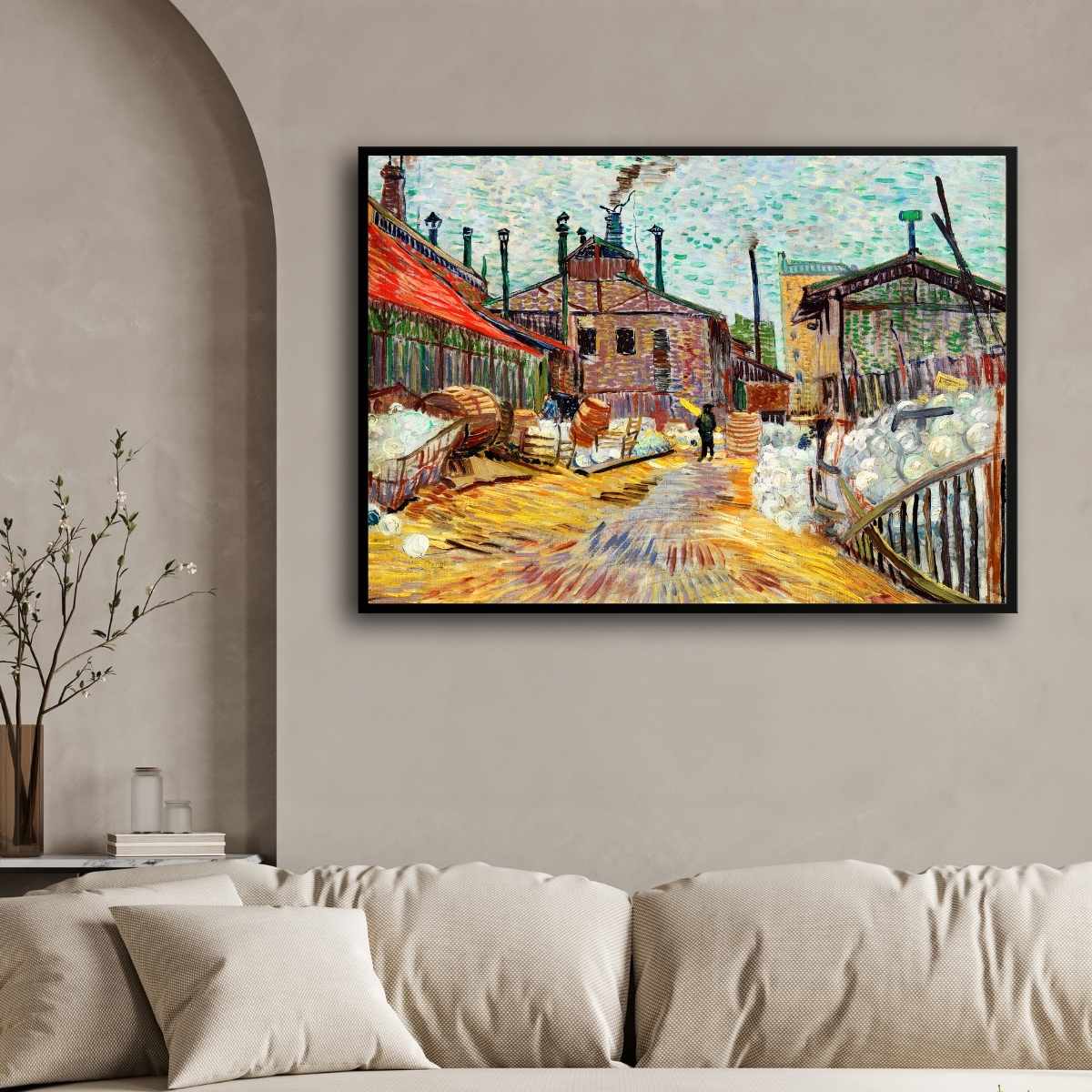 Van Gogh Factory Painting for Living Room | Vibrant Cityscape Wall Art | Giclée Print 4 : 3 Horizontal Premium Wall Art Canvas by MeriDeewar
