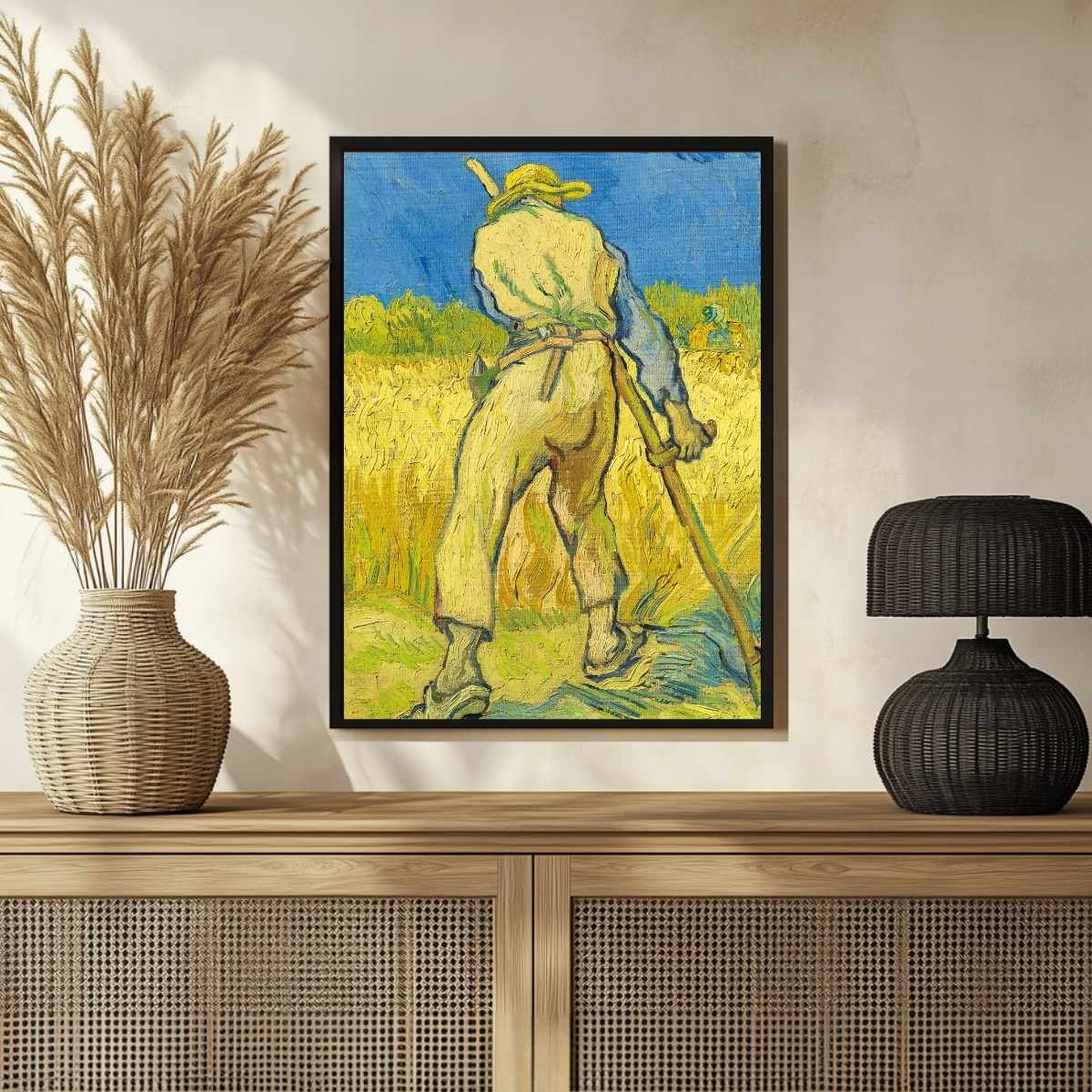 Van Gogh Reaper Painting for Living Room | Golden Wheat Field Wall Art | Giclée Print 2 : 3 Vertical Premium Wall Art Canvas by MeriDeewar