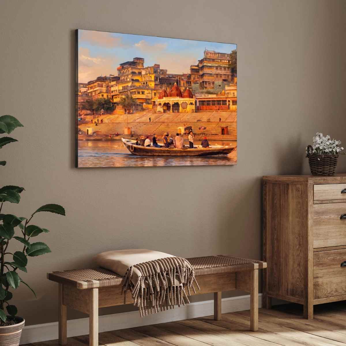 Varanasi Ghat Painting for Living Room | Banaras Spiritual Wall Art | Giclée Print 3 : 2 Horizontal Premium Wall Art Canvas by MeriDeewar