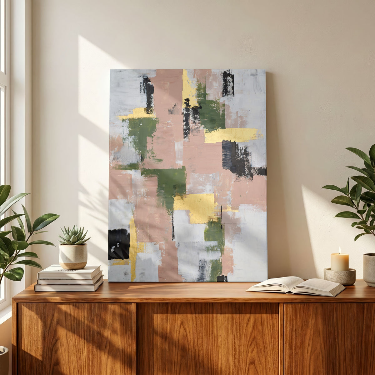 Verdant Blush | Modern Textured Color Block Abstract Fine Wall Art 3 : 4 Vertical Premium Wall Art Canvas by MeriDeewar