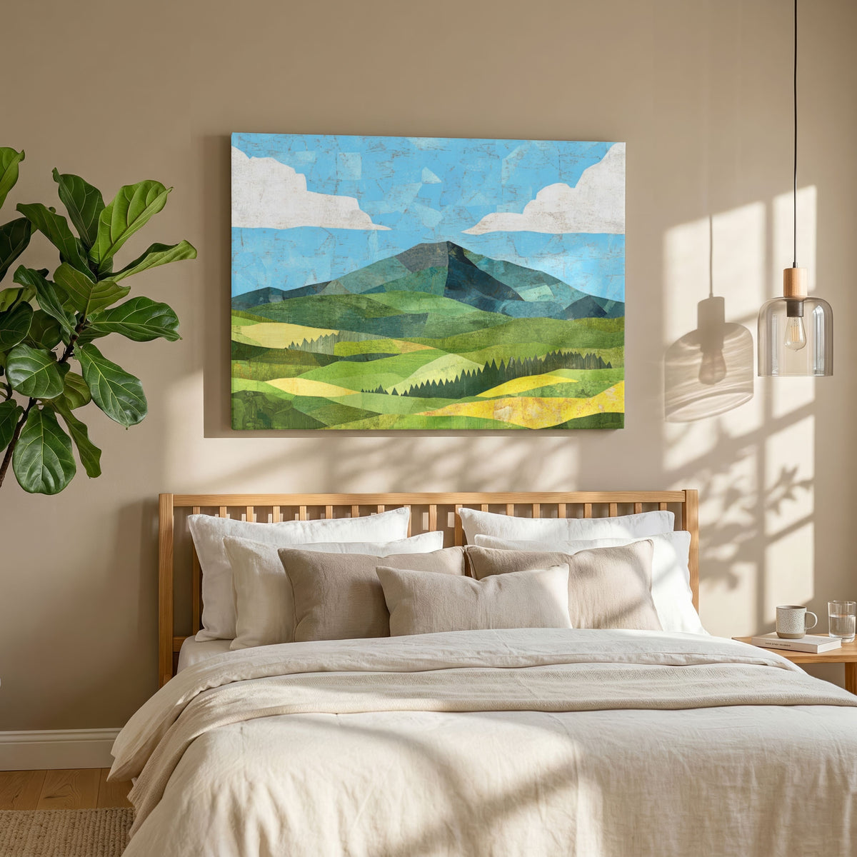 Verdant Horizons | Contemporary Folk Landscape Framed Wall Art 4 : 3 Horizontal Premium Wall Art Canvas by MeriDeewar