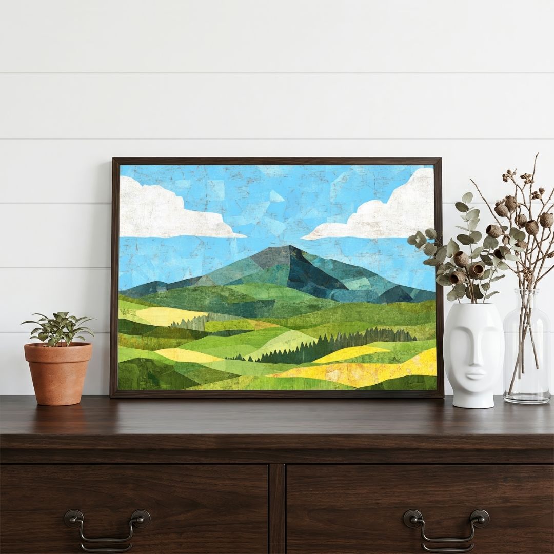 Verdant Horizons | Contemporary Folk Landscape Framed Wall Art 4 : 3 Horizontal Premium Wall Art Canvas by MeriDeewar