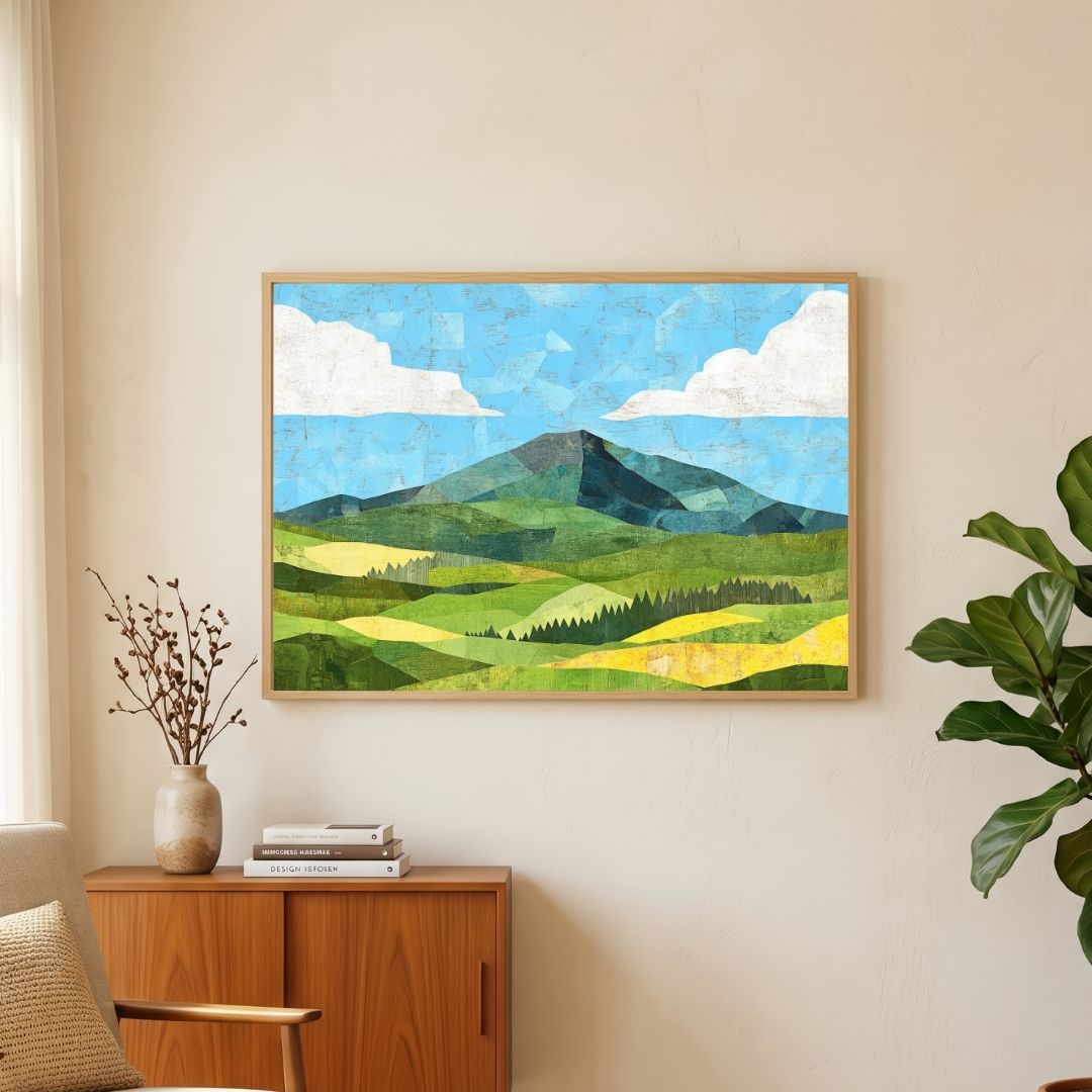 Verdant Horizons | Contemporary Folk Landscape Framed Wall Art 4 : 3 Horizontal Premium Wall Art Canvas by MeriDeewar