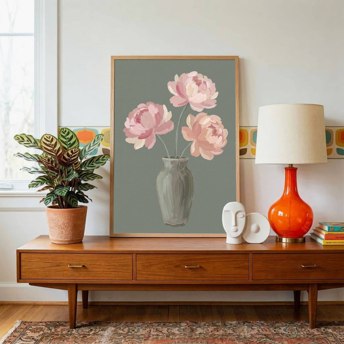 Peonies in Sage | Modern Minimalist Peony Still Life Wall Art 3 : 4 Vertical Premium Wall Art Canvas by MeriDeewar
