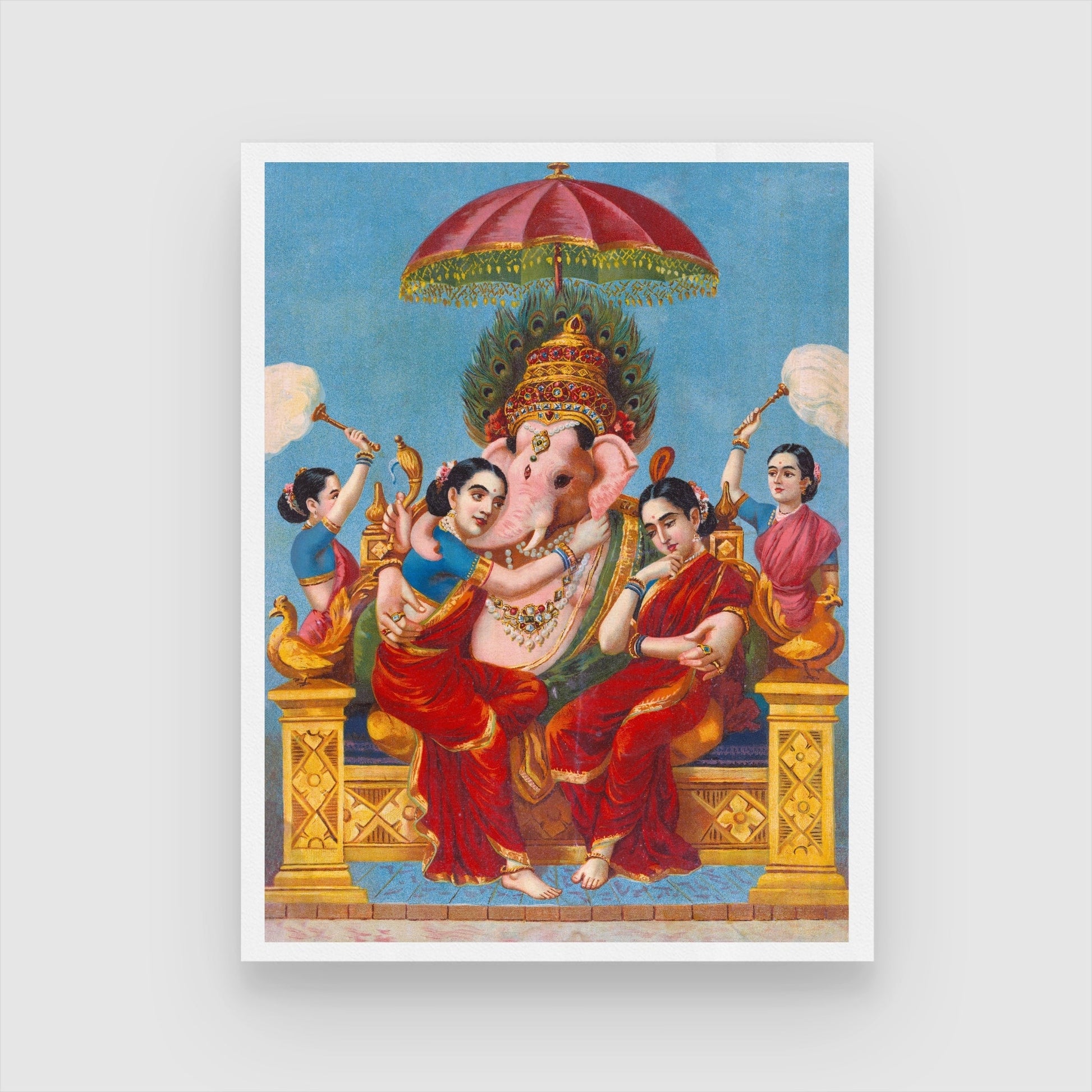 Vibrant Ganesha with Riddhi & Siddhi Painting | Indian Art | MeriDeewar 3 : 4 Vertical New Premium Wall Art Canvas by MeriDeewar