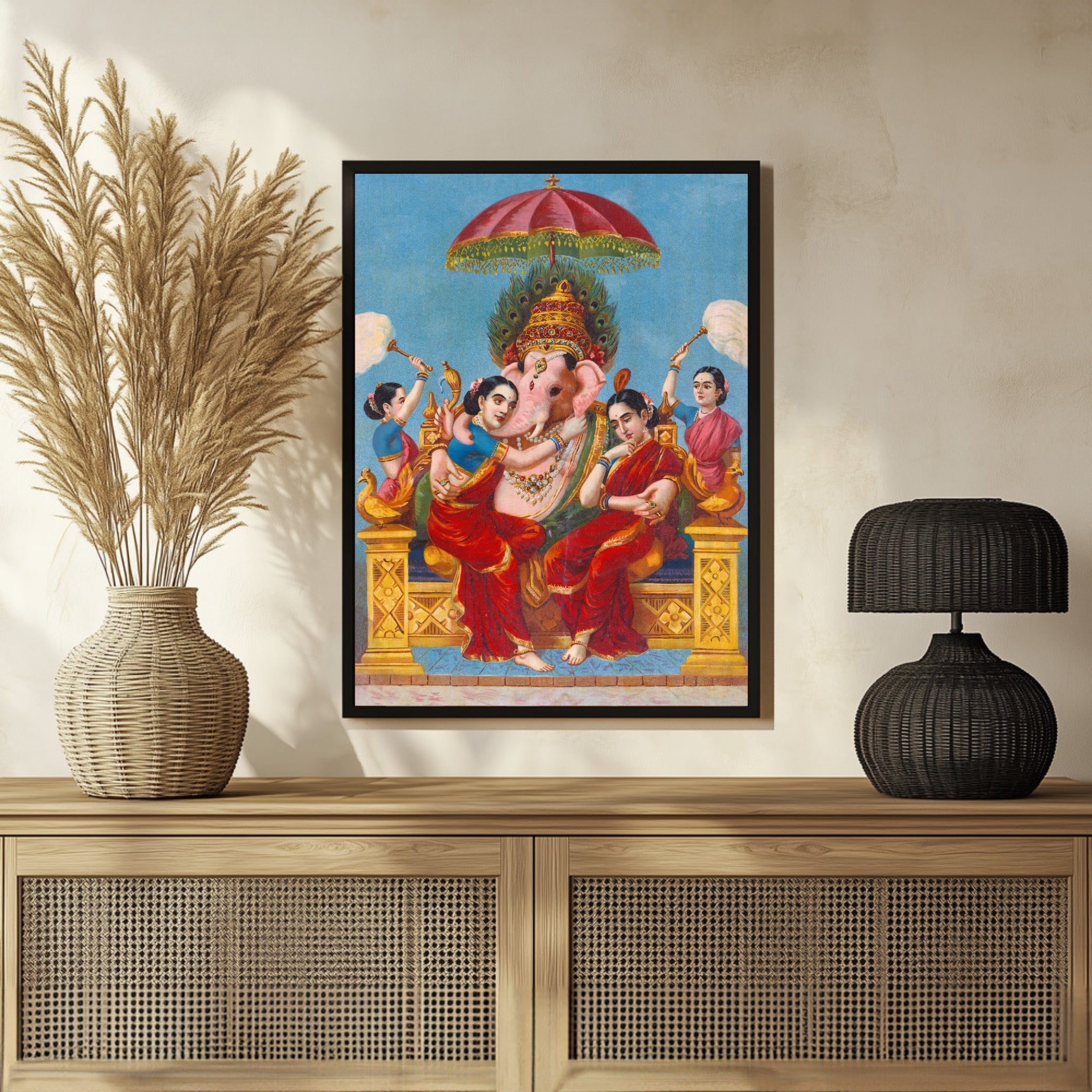 Vibrant Ganesha with Riddhi & Siddhi Painting | Indian Art | MeriDeewar 3 : 4 Vertical New Premium Wall Art Canvas by MeriDeewar